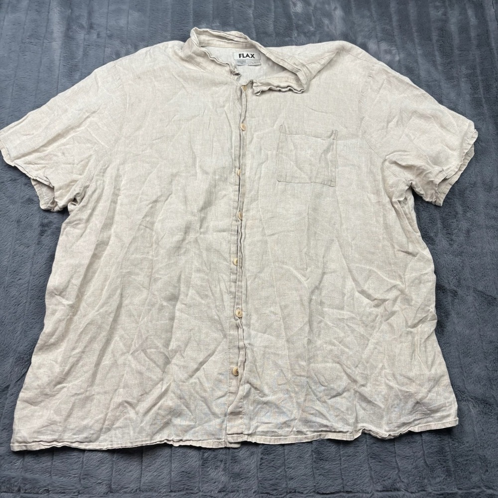 FLAX 100% Linen Short Sleeve Button Down Shirt Beige Oatmeal Generous 3G XL 3XL
